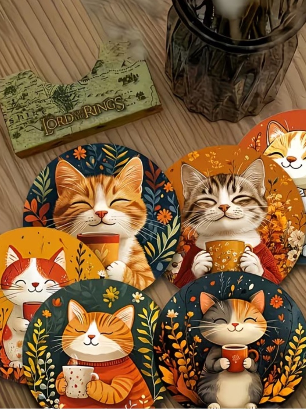 Set of 6 Cute Cat Coasters - Autumn Colors